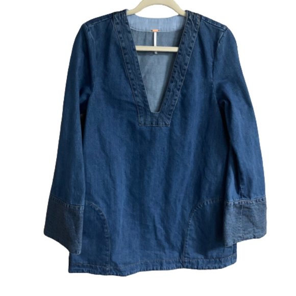 Women's Free People Dreaming of Denim Hendrix Blue XS Long Sleeve Tunic EUC - Picture 2 of 10